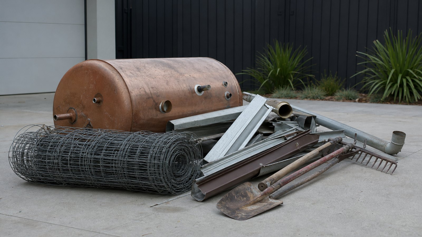 Wire fencing, steel gutter, a copper hot water cylinder and garden tools on a driveway