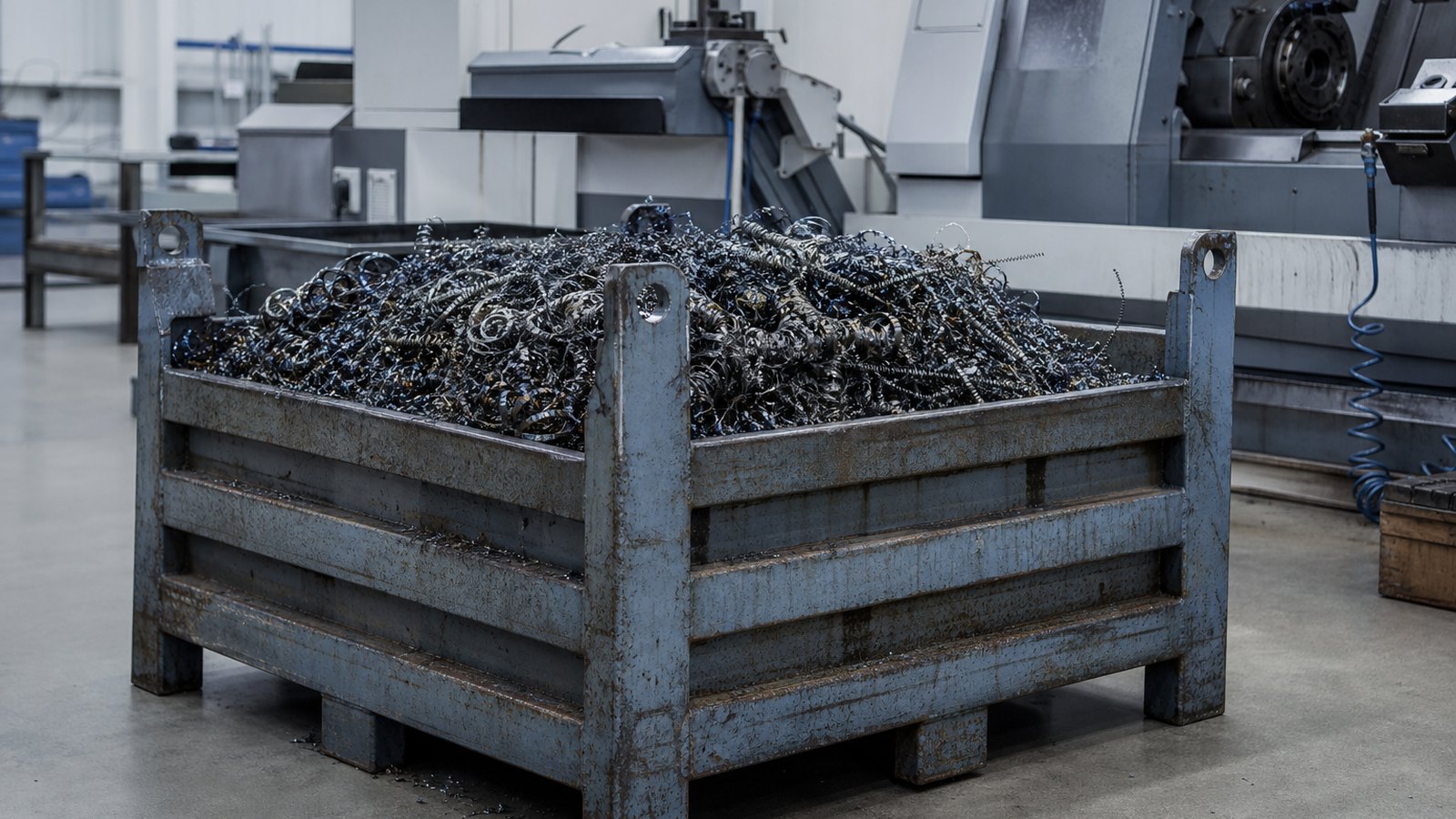 Steel swarf and production offcuts in a factory collection bin