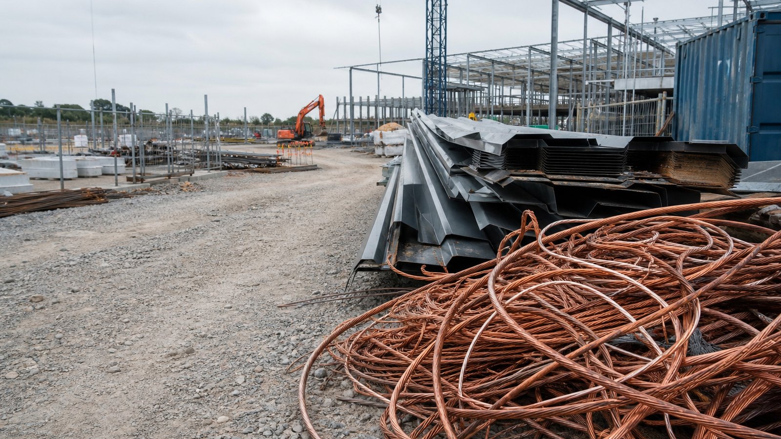 Offcuts of copper cable and roof sheeting on a building site