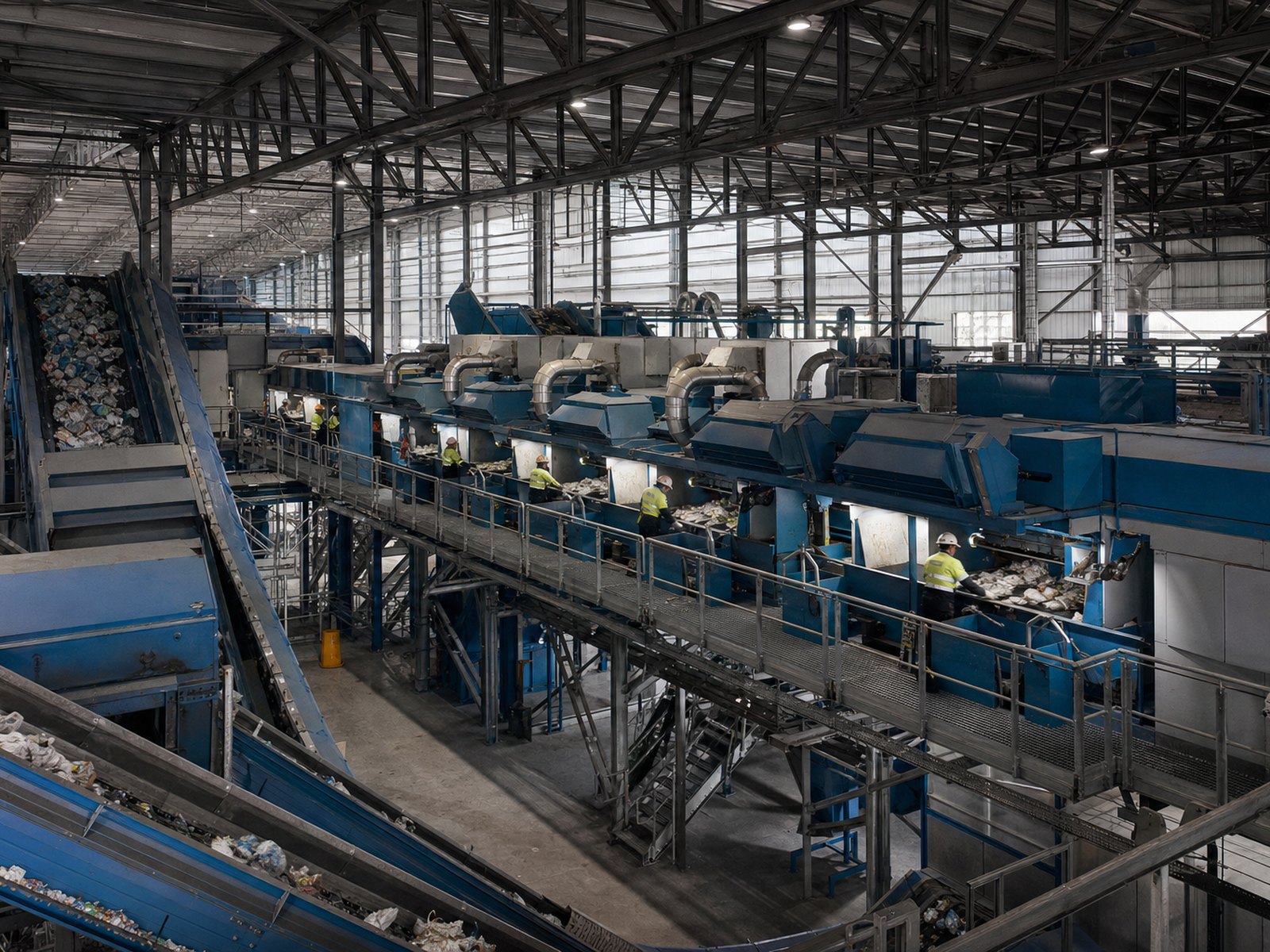 Material moving along an optical sorting line inside a recovery facility