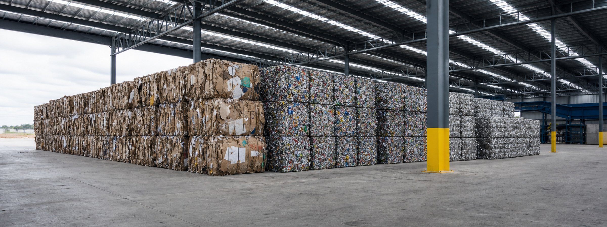 Compressed bales of recovered cardboard and metal stacked in a recycling facility